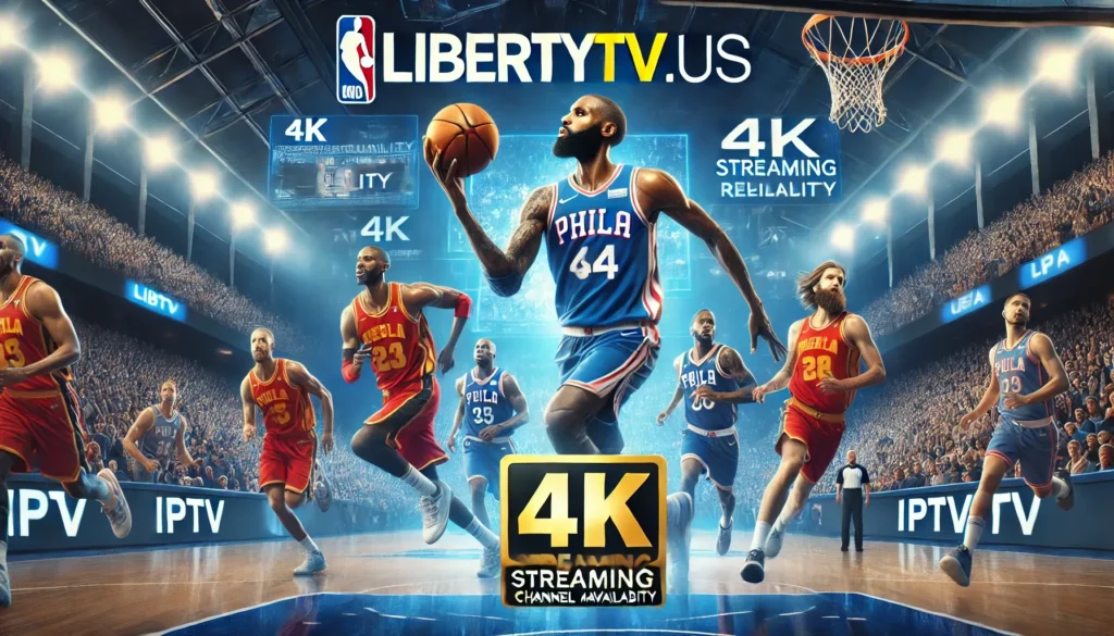 LibertyTV.us IPTV NBA promotional banner "Dynamic promotional banner featuring NBA players highlighting LibertyTV.us IPTV service, emphasizing 4K quality, reliability, and extensive channel options.
