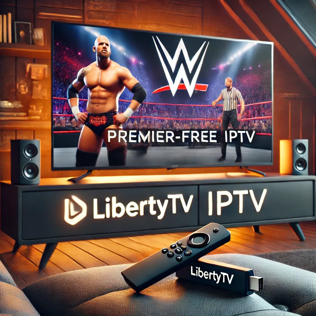 A modern living room setup with a Smart TV displaying a WWE match in HD. LibertyTV IPTV is highlighted as the best alternative to cracked streams WWE, offering premium, buffer-free streaming.