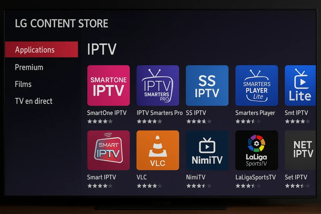 LG Content Store showing IPTV apps like SmartOne IPTV