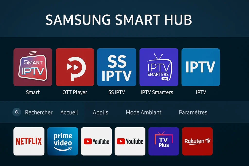 Samsung Smart Hub interface showing IPTV apps like Smart IPTV