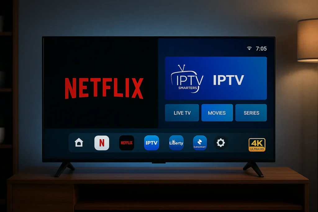 netflix iptv streaming setup showing IPTV Smarters Pro and Netflix apps on smart TV