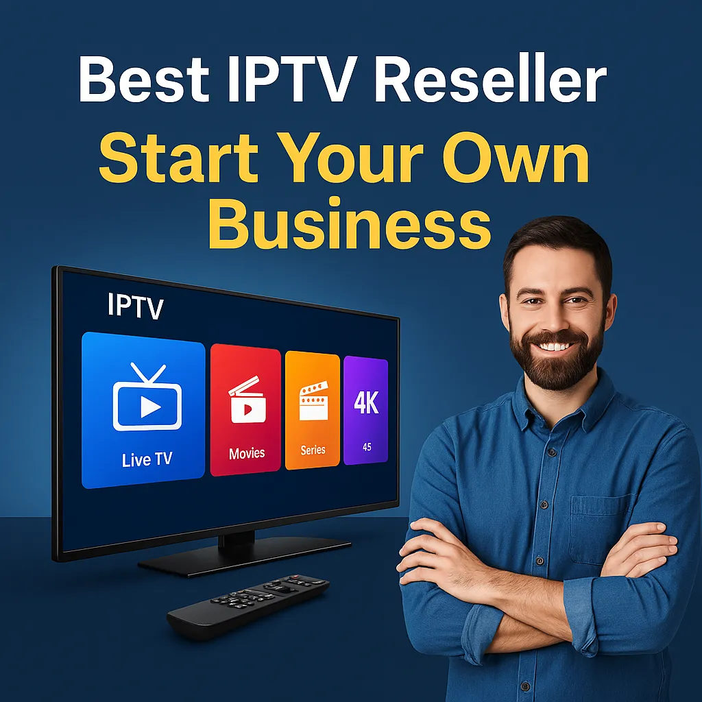 A smiling IPTV reseller standing beside a smart TV displaying IPTV options like Live TV, Movies, Series, and 4K, with text “Best IPTV Reseller – Start Your Own Business” in a promotional design.
