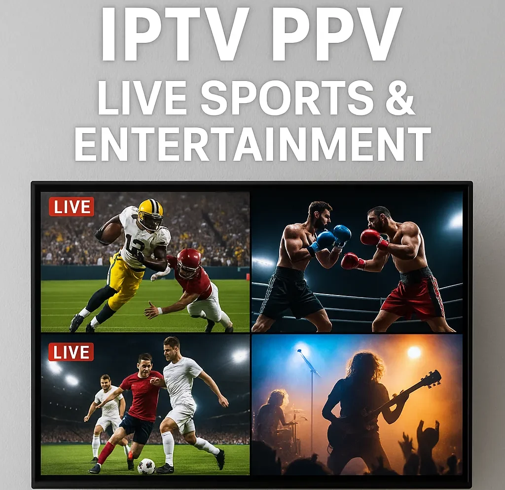 IPTV PPV live sports and entertainment streaming with football, boxing, soccer, concert on TV and a baseball game on laptop.